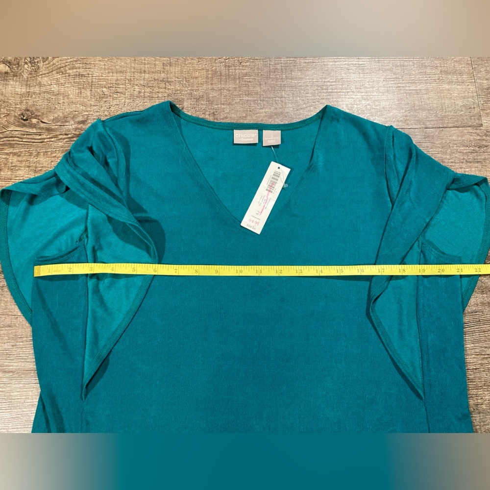 Chico’s Traveler Top V Neck Flutter Sleeve Tapestry Teal Size 2 - Picture 6 of 9